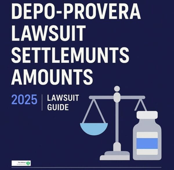 Depo-Provera settlement amounts guide showing legal scales and medical vial illustration