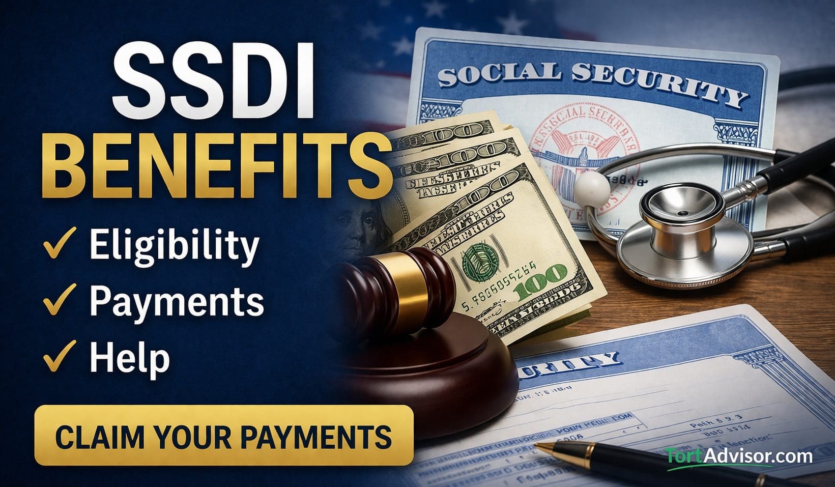 SSDI benefits image showing eligibility, monthly payments, and disability help with Social Security claim and compensation overview