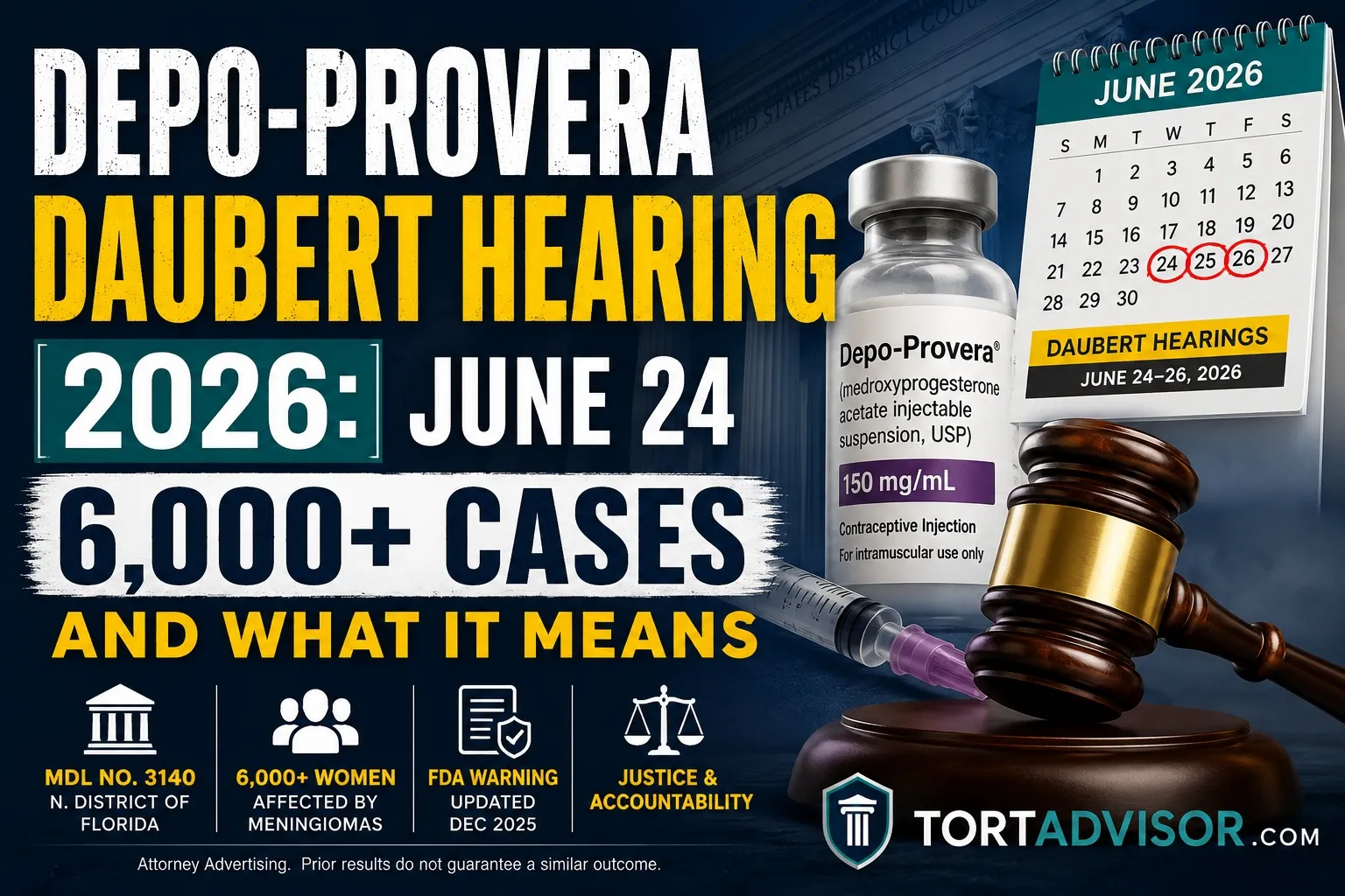Depo-Provera Daubert hearing 2026 with June 24 court date and 6,000+ meningioma lawsuit cases