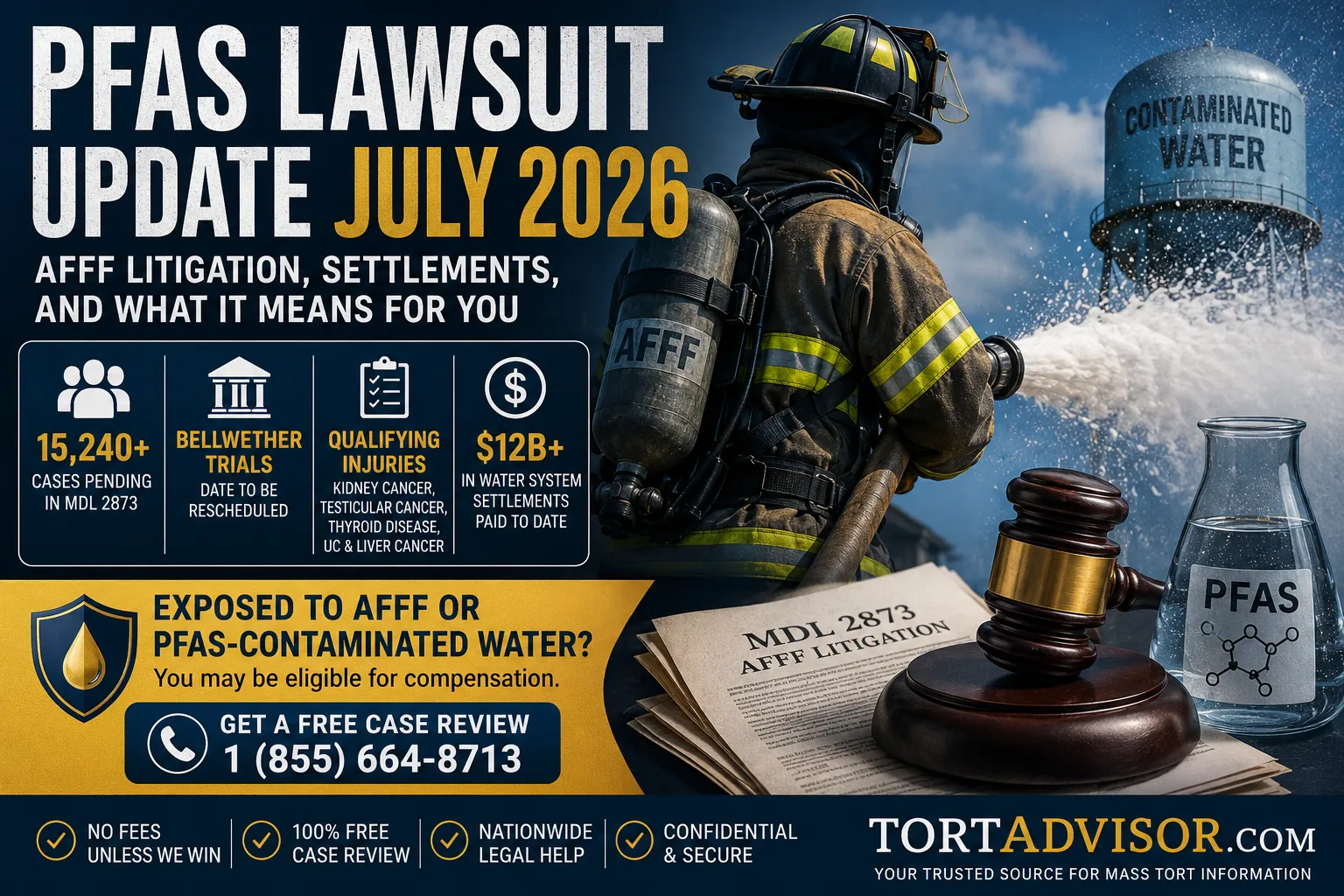 PFAS lawsuit update July 2026 featured image showing AFFF litigation, MDL 2873, contaminated water, qualifying injuries, and settlement information