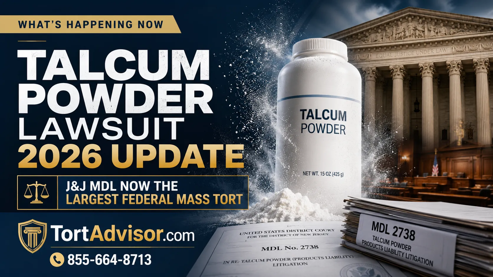 Talcum Powder Lawsuit 2026 Update – J&J MDL Largest Federal Mass Tort Talcum Powder Lawsuit 2026 Update showing a talcum powder bottle, courthouse, MDL 2738 legal documents, and TortAdvisor contact number.