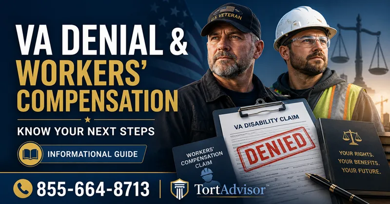 va disability claim denial - Veteran and construction worker beside denied VA disability and workers’ compensation claim documents in a TortAdvisor legal guide